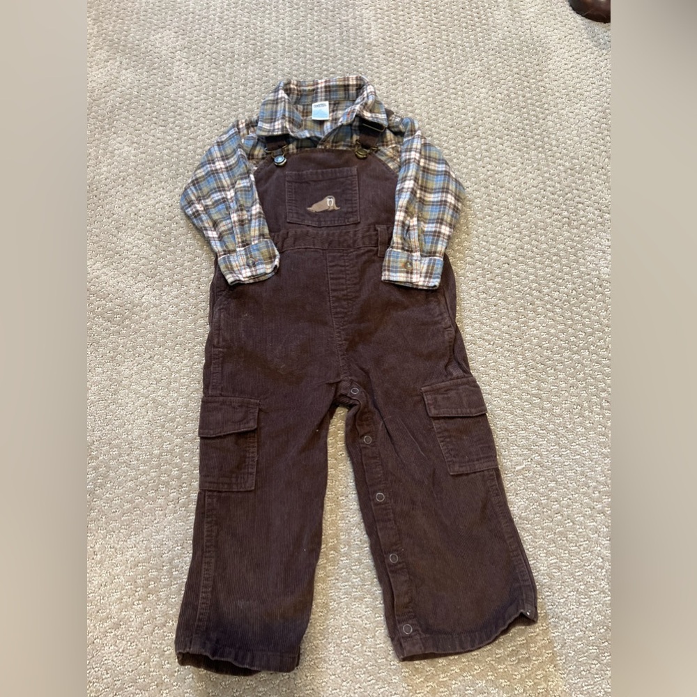 GUC GYMBOREE brown overalls with matching flannel size 2T